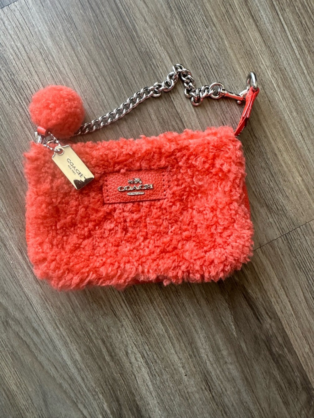 Coach Nolita mini purse  Orange Fuzzy Wristlet with Pom Charm